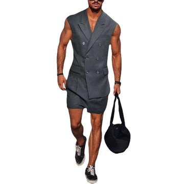 Men Rompers Solid Lapel Sleeveless Double Breasted Streetwear Casual Jumpsuits