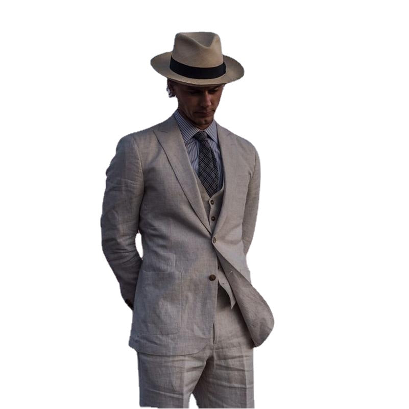 Costumes de mariage gris en lin pour marié, smoking de plage, coupe ajustée, 3 pièces, costume de marié, blazer pour homme 