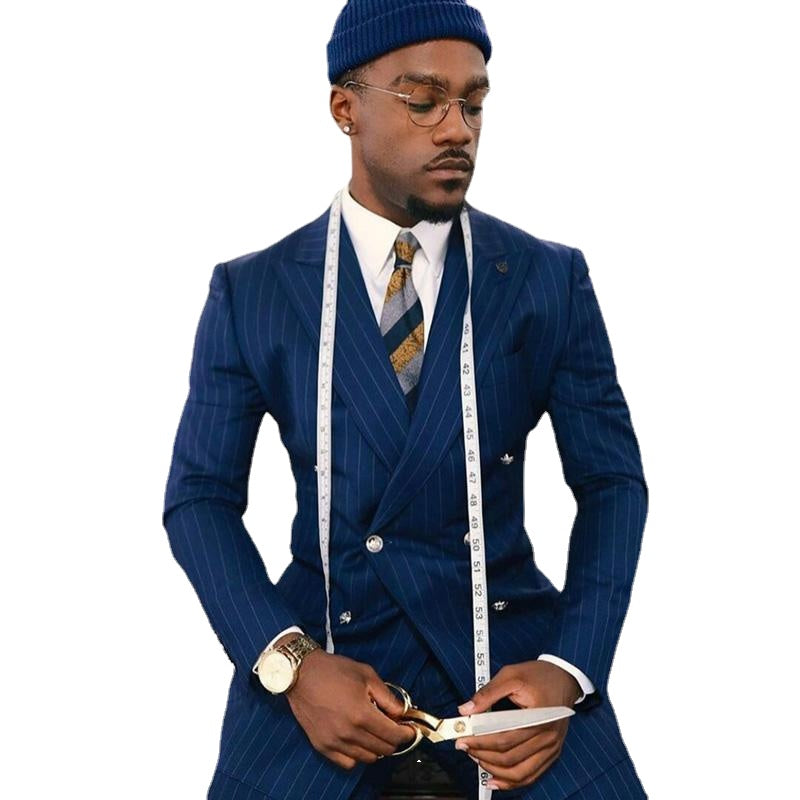 Double Breasted Navy Striped Men Pants Suits Custom Made One Button Groom Best Man Coat Blazer 2 Pieces (Jacket+Trousers)