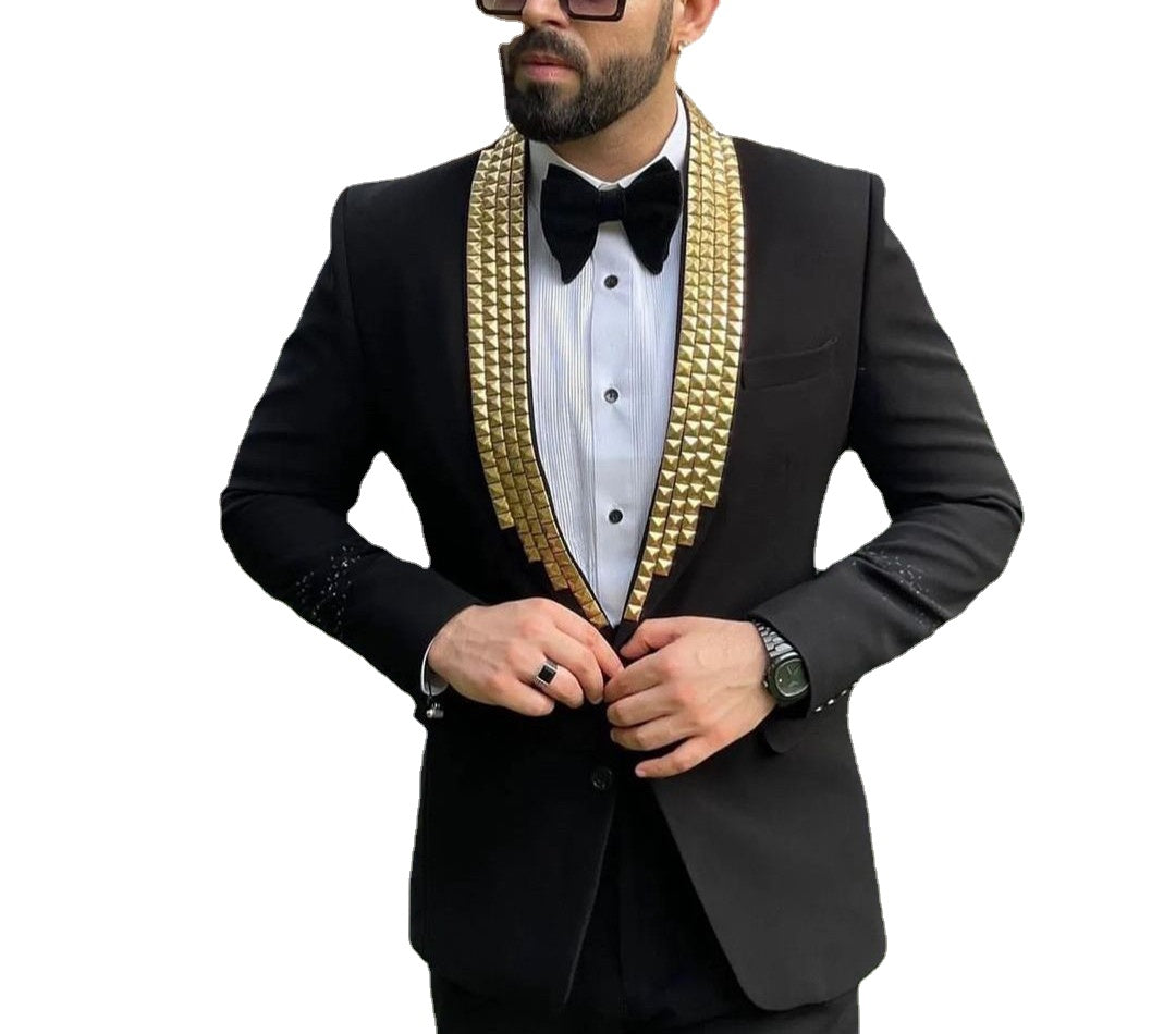 Black Men Suits Tailor-Made 2 Pieces Blazer Pants Single Breasted Diamonds Bead Lapel Gentle Business Wedding Plus Size Tailored