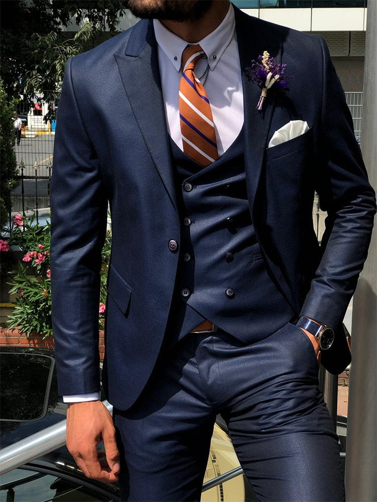 Dark Blue 3 Piece Slim Men Suit Cutsom Groom Wedding Tuxedo Prom Wedding Tailor Made Men Suit With Pants