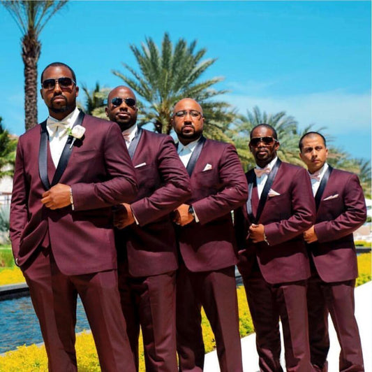 African Burgundy Men Suit for Wedding Black Shawl Lapel Groom Tuxedos 3 Pieces Jacket+Pants+Vest Best Man Suit Groomsmen Suit