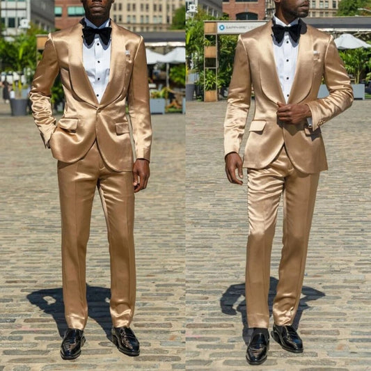 Costume 2 pièces en satin doré africain pour homme, veste et pantalon à revers châle, pour mariage, bal de promo, smoking 