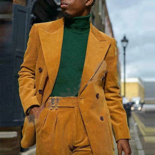 Traje de novio formal de pana negra cruzada con solapa de pico y pantalón para boda, 2 piezas, hecho a medida