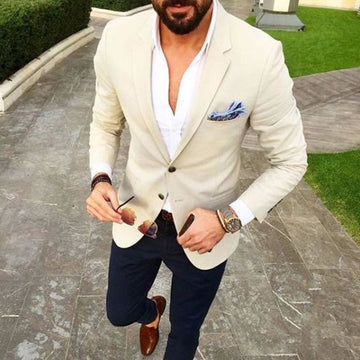 Beige Blazer Navy Blue Pants Custom Made Men Suit 2 Piece Groom Tuxedos Slim Fit Men Wedding Tuxedos Terno Masculino