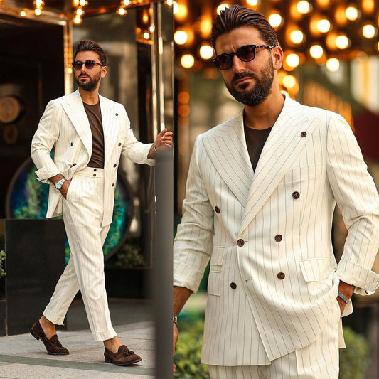 Beige Ivory Striped Men Pants Suit 2 Pieces Double Breasted Groom Tuxedos Peaked Lapel Prom Party Blazer (Jacket+Pants)