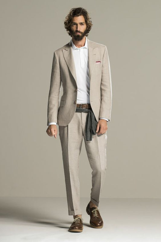 Beige Linen Beach Men Suit Coat Pant Designs Slim Fit 2 Piece Casual Tuxedo Custom Blazer Groom Suits