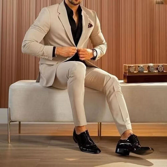 Beige Notch Lapel Men's Suits Slim Fit Blazer Sets Custom Two Pieces (Jacket+Pants) Costume Homme