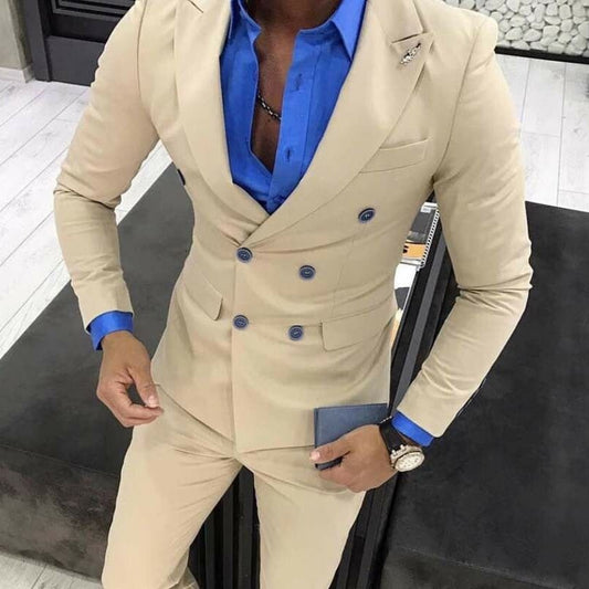 Beige Slim Fit Men Suits with Double Breasted Peaked Lapel Groom Tuxedo for Wedding Custom 2 Piece Jacket Pants