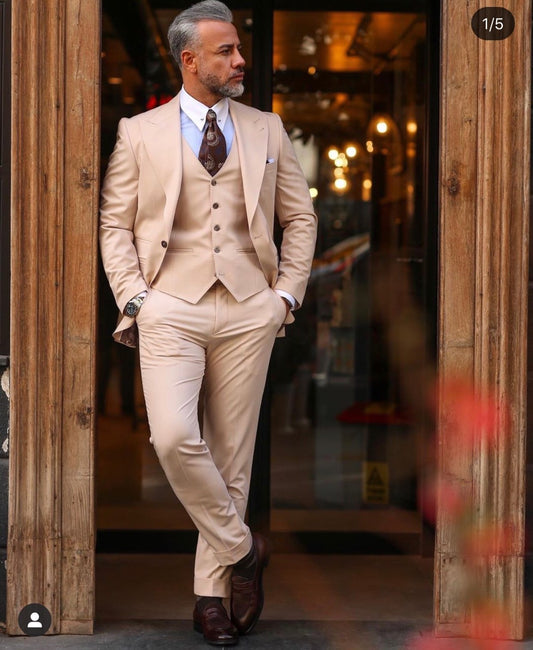 Beige Wide Peak Lapel One Buttons Men Suits 3 Pieces Design Costum Homme Groom Wedding Terno Masculino Slim Fit Blazer