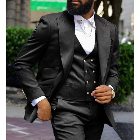 Black Business Men Suit Tailor-Made 3 Pieces Blazer Vest Pants One Button Wedding Groom Causal Prom Tailored