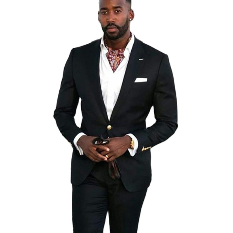 Black Business Men Suits Slim Fit African Wedding Tuxedos for Groom Peaked Lapel Jacket with Pants Dinner Party