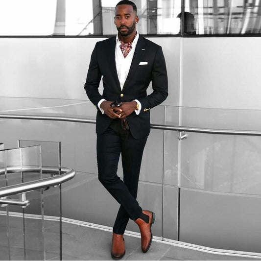 Black Business Men Suits Slim Fit African Wedding Tuxedos for Groom Peaked Lapel Jacket with Pants Dinner Party