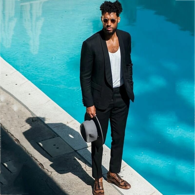 Traje informal negro con solapa chal para hombre, traje de graduación, corte entallado, para novio, blazer, pantalones, boda, 2 piezas (chaqueta + pantalón) 