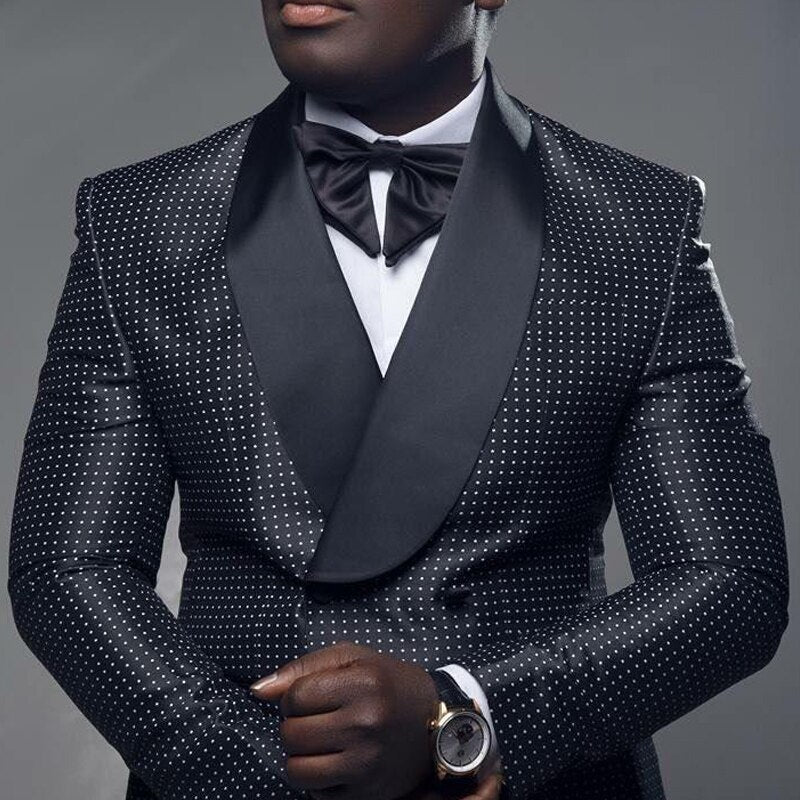 Black Checkered Dots Men Suits with Double Breasted for Wedding Slim Fit Groom Tuxedo Two Piece Set Jacket Pants Costume