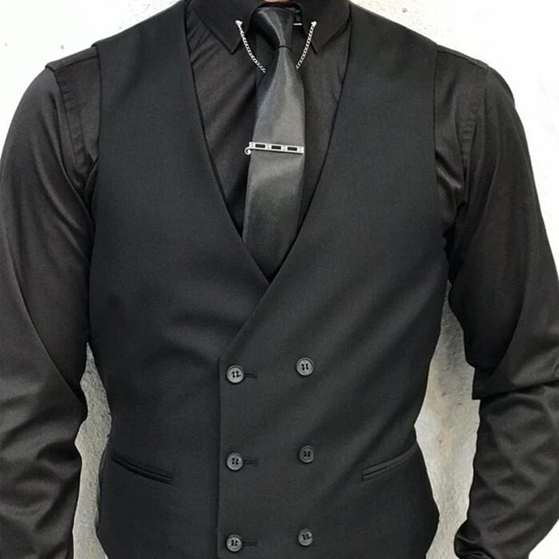 Chaleco formal negro sin mangas para hombre con doble botonadura, traje de una pieza, chaleco de esmoquin de boda personalizado 
