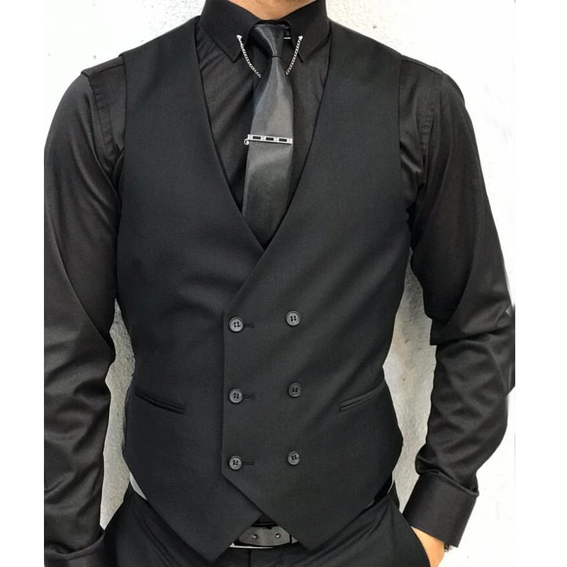 Chaleco formal negro sin mangas para hombre con doble botonadura, traje de una pieza, chaleco de esmoquin de boda personalizado 
