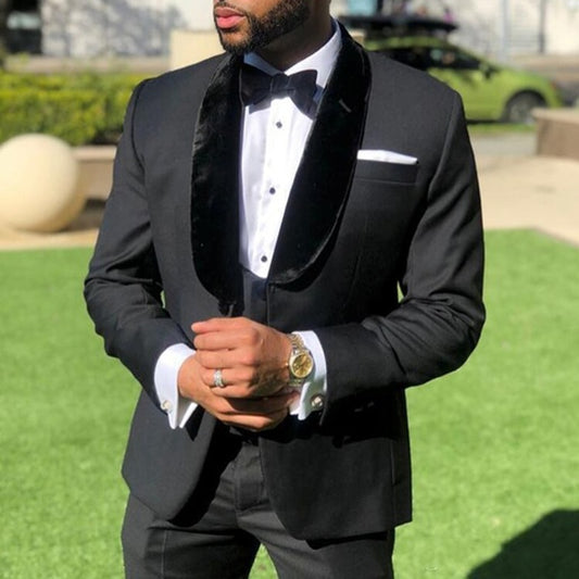 Smoking de marié noir pour mariage avec revers châle en velours, costume 3 pièces personnalisé pour homme, veste, gilet et pantalon