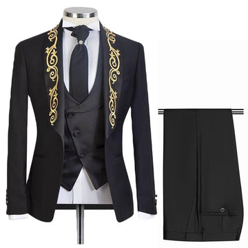 Black Italian Suits Set with Gold Embroidery Shawl Lapel Slim Fit Weddding Groom Tuxedo 3 Piece Jacket Vest Pants