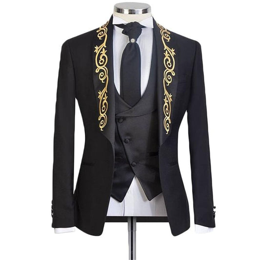 Black Italian Suits Set with Gold Embroidery Shawl Lapel Slim Fit Weddding Groom Tuxedo 3 Piece Jacket Vest Pants