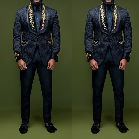 Black Jacquard Men Suit Tailor-Made 2 Pieces Blazer Pants One Button Gold Appliques Wedding Groom Business Causal Prom Tailored
