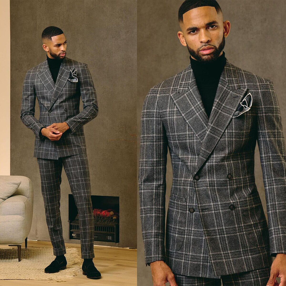 Costume homme noir sur mesure 2 pièces blazer pantalon croisé à carreaux revers large smoking affaires mariage marié bal sur mesure 