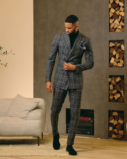 Black Men Suit Tailor-Made 2 Pieces Blazer Pants Double Breasted Plaid Wide Lapel Tuxedo Business Wedding Groom Prom Tailored