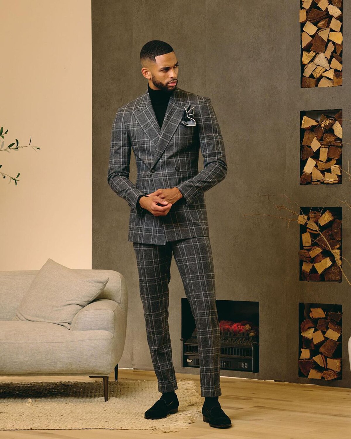 Black Men Suit Tailor-Made 2 Pieces Blazer Pants Double Breasted Plaid Wide Lapel Tuxedo Business Wedding Groom Prom Tailored