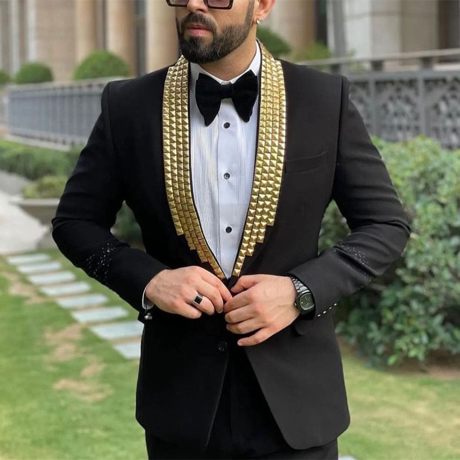 Costume homme noir sur mesure 2 pièces blazer pantalon simple boutonnage diamants revers perles doux affaires mariage grande taille sur mesure