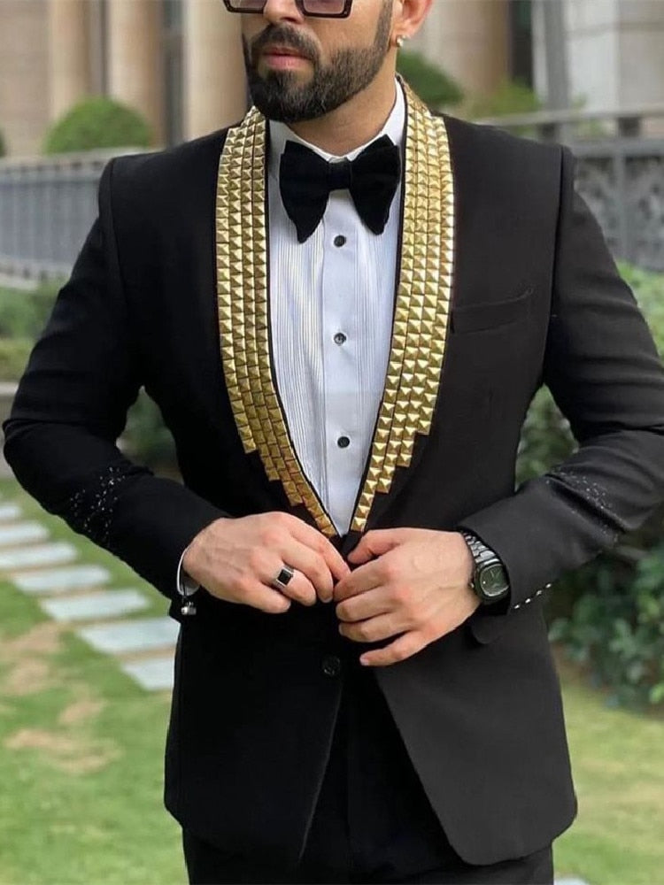 Costume homme noir sur mesure 2 pièces blazer pantalon simple boutonnage diamants revers perles doux affaires mariage grande taille sur mesure