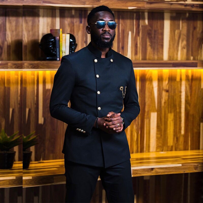 Costume 2 pièces noir pour homme, col haut, blazer, pantalon, coupe slim, smoking, croisé, tenue de marié, veste de bal, pantalon 