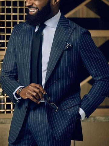 Black Men's Suits Tailored 2 Pieces Blazer Pants Single Breasted Peaked Lapel Pinstripes Slim Wedding Groom Tailored Plus Size