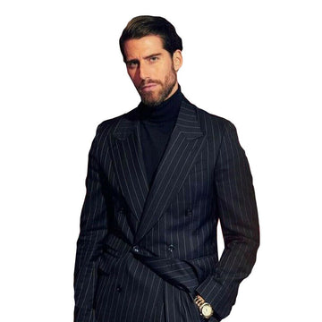Black Pinstripe Men Suit 2 Pieces Blazer Pants Double Breasted Slim Fit Formal Business Causal Party Tailored