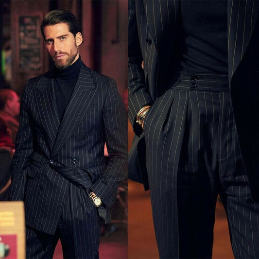 Black Pinstripe Men Suit 2 Pieces Blazer Pants Double Breasted Slim Fit Formal Business Causal Party Tailored