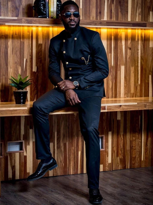 Black Stand Collar Men Suits Gold Buttons Costume Homme Prom Terno Groom Blazer Wedding 2 Pcs (Jacket+Short Pants)