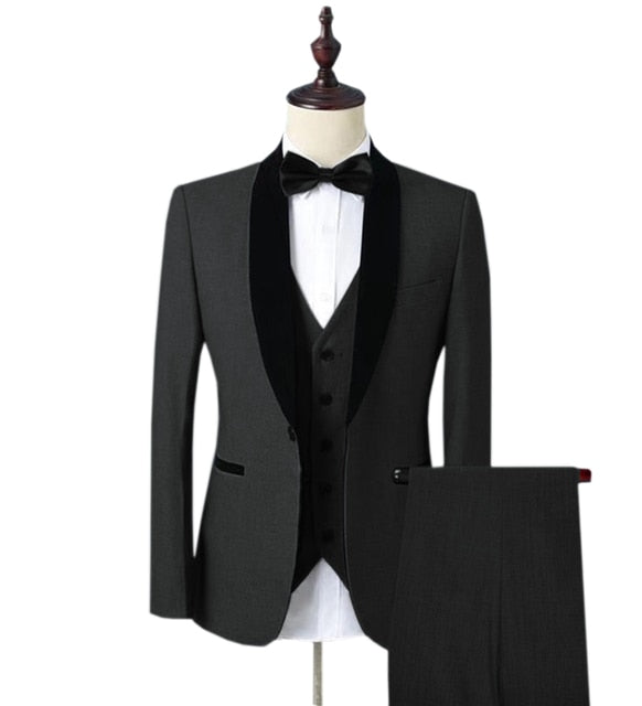 Black Velvet Shawl Lapel 1 Button Men Suits Slim Fit 3 Pcs Tuxedos Terno Groom Wedding Prom Blazer Jacket+Vest+Pants