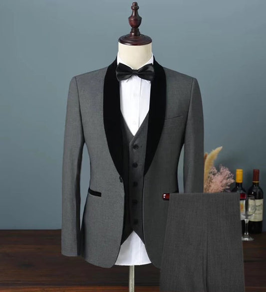 Black Velvet Shawl Lapel 1 Button Men Suits Slim Fit 3 Pcs Tuxedos Terno Groom Wedding Prom Blazer Jacket+Vest+Pants