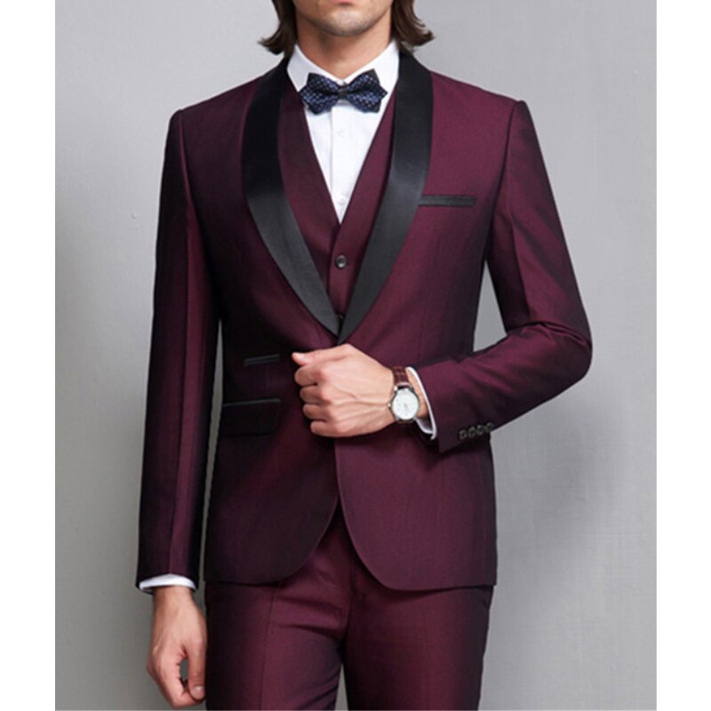 Conjuntos de blazer burdeos, trajes de boda ajustados para hombre, traje formal de 3 piezas, chaqueta deportiva (abrigo, pantalón y chaleco). 