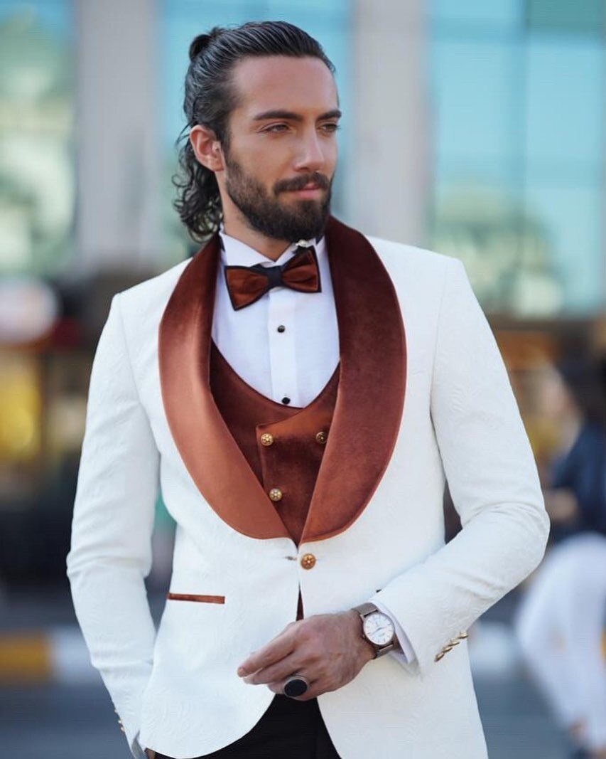 Conjuntos de Blazer, Traje Masculino, Blazer Jacquard Blanco, Cuello y Chaleco de Terciopelo Marrón, Traje de Novio de Lujo de 3 Piezas para Boda, Frac 