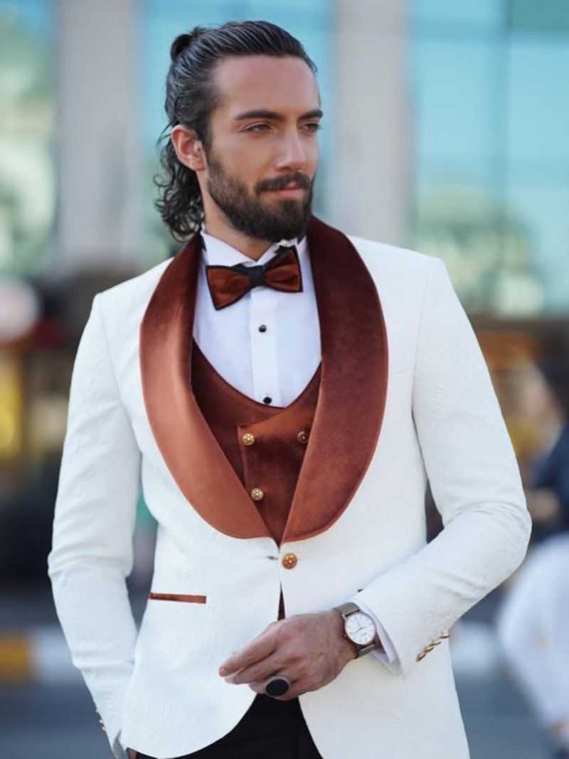Conjuntos de Blazer, Traje Masculino, Blazer Jacquard Blanco, Cuello y Chaleco de Terciopelo Marrón, Traje de Novio de Lujo de 3 Piezas para Boda, Frac 