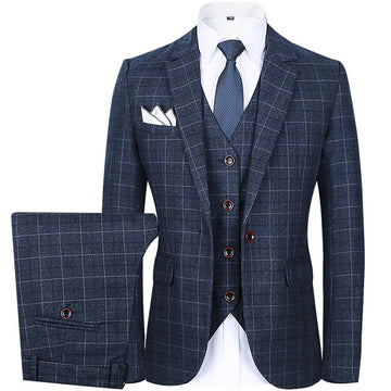 Blue Plaid Blazers Pants Vest Business Suit Set