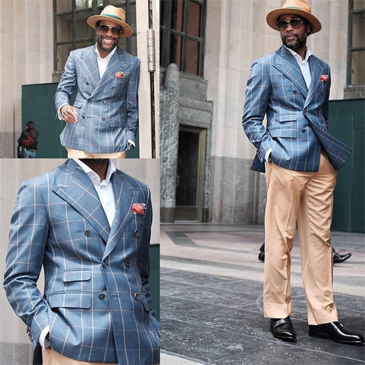 Blue Men Suit Costume Homme One Piece Double Breasted Lapel Cotton Blend Plaid Pattern Formal Wedding Business Causal Prom Daily