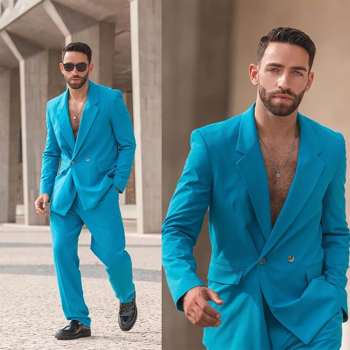 Blue Men Suits 2 Pieces Double Breasted Groom Party Wedding Peaked Lapel Terno Tuxedos Costume Homme Blazer Sets