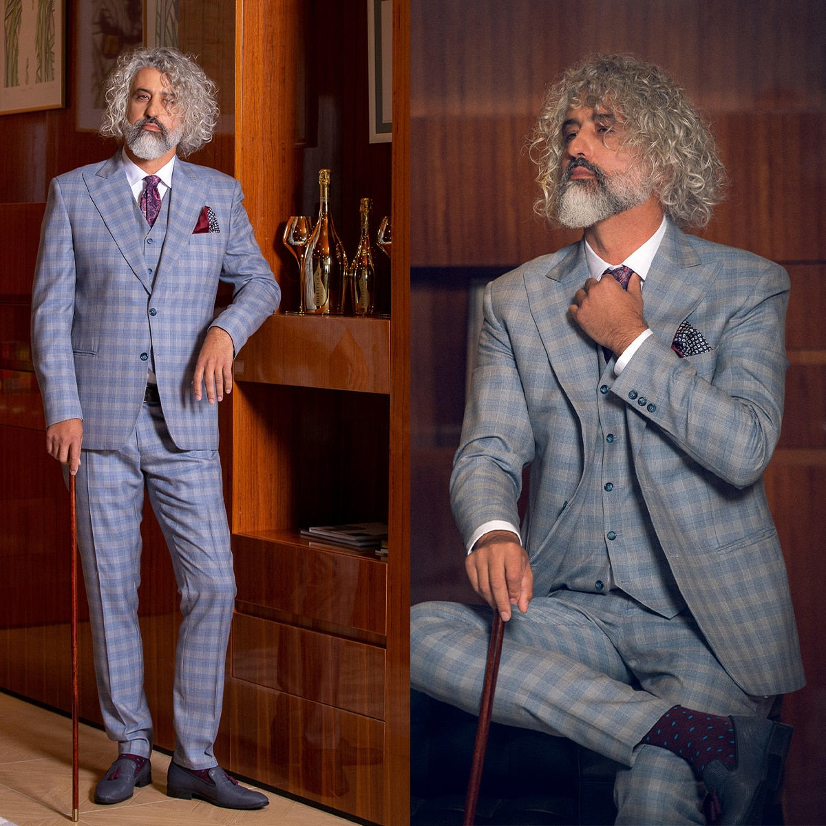 Blue Men Suits Tailor-Made 3 Pieces Blazer Vest Pants Single Breasted Peaked Lapel Plaid Stripes Wedding Plus Size Tailored