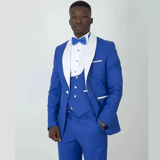 Blue Men Suits White Shawl Lapel Business Wear Wedding Groom Prom Tuxedos Formal Party Custom Made Blazer Sets Jacket+Vest+Pants