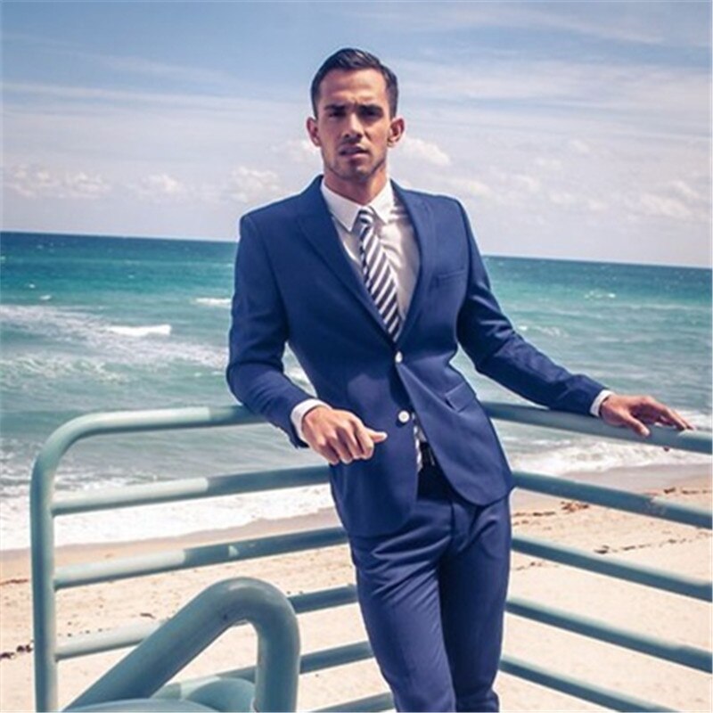 Conjuntos de traje azul para hombre para boda, 2 piezas (chaqueta, pantalón y corbata), blazer ajustado, esmoquin a medida para graduación y fiesta. 