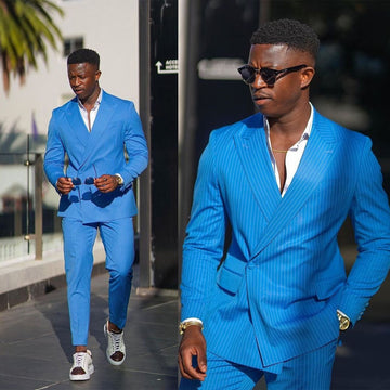 Blue Men's Suits Tailor-Made 2 Pieces Blazer Pants One Button Pinstripes Tuxedo Wide Lapel Business Wedding Plus Size Tailored