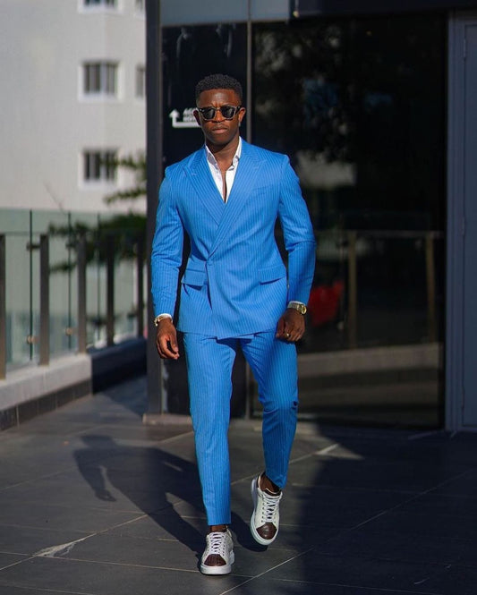 Blue Men's Suits Tailor-Made 2 Pieces Blazer Pants One Button Pinstripes Tuxedo Wide Lapel Business Wedding Plus Size Tailored