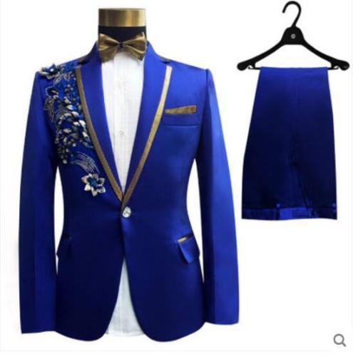 Blue Men Suits With Pants Costume Embroidery White Ivory Pink Groomsmen Groom Tuxedos Wedding Men Suit 2 Pcs( Jacket+Pants+tie)