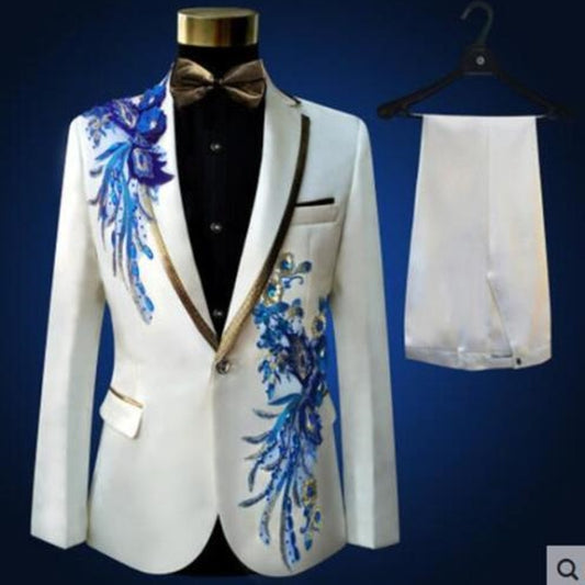 Blue Men Suits With Pants Costume Embroidery White Ivory Pink Groomsmen Groom Tuxedos Wedding Men Suit 2 Pcs( Jacket+Pants+tie)